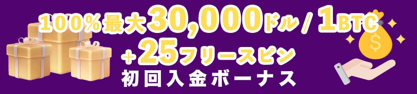 100%最大30,000ドル／1BTC＋25フリースピン初回入金ボーナス