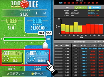 STEP4. 「BET GREEN」または「BET BLUE」へ賭ける STEP4. 「BET GREEN」または「BET BLUE」へ賭ける